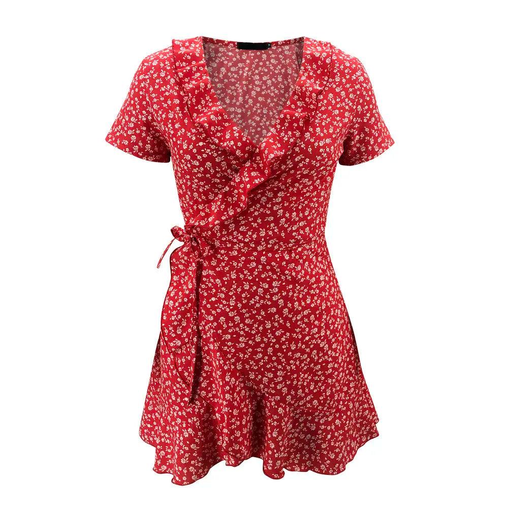 Floral A-Line Mini Dress for Women | Sweet V-Neck Ruffle Bandage Dress - Dhavinci