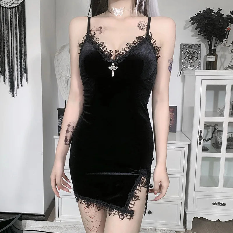 Dark Cross Black Mini Dress Vintage Sexy Spaghetti Strap High Waist Slit Dresses Goth Party Club Women Dress - Dhavinci