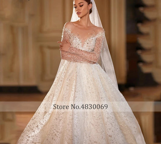 Luxury Long Sleeve Wedding Dress | Sparkling Beaded Princess Gown - Dhavinci