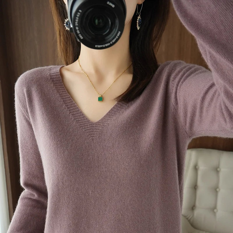 Spring & Autumn Cashmere Sweater for Women | Sexy V-Neck Pullover Top - Dhavinci