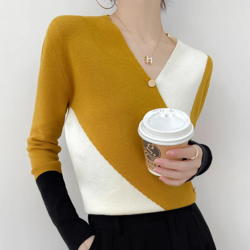 Women's Colorblock Cashmere Sweater | Casual Knitwear Pullover - Dhavinci