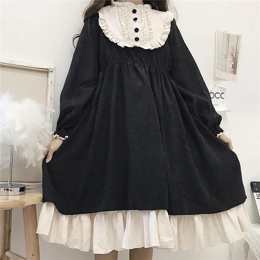 Japanese Style Autumn Women'S Dresses High Waist Slimming Contrast-Color Ruffled Sweet Lolita Dress Princess Kawaii Clothing - Dhavinci