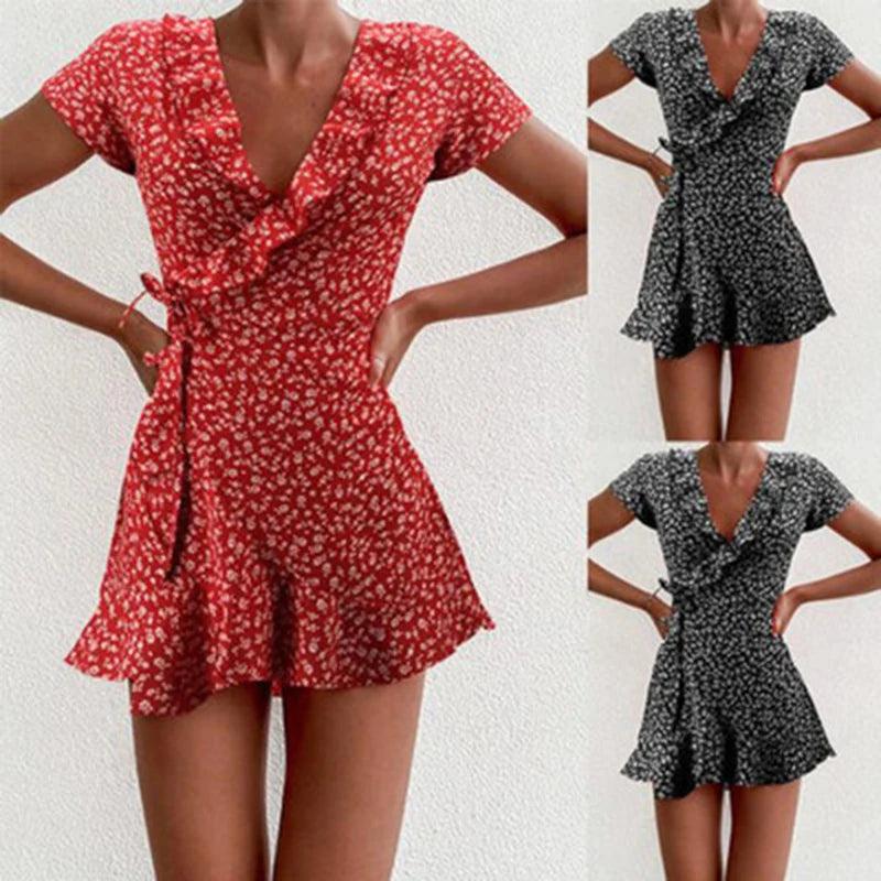 Floral A-Line Mini Dress for Women | Sweet V-Neck Ruffle Bandage Dress - Dhavinci