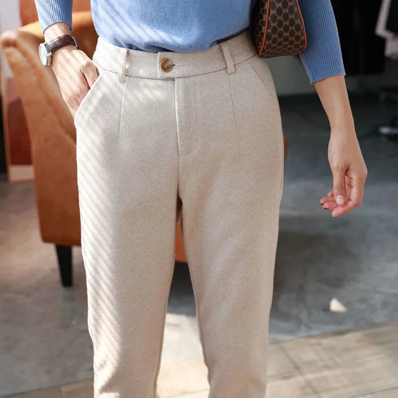 High-Waisted Woolen Harem Pants for Women | Autumn Winter Office Trousers - Dhavinci