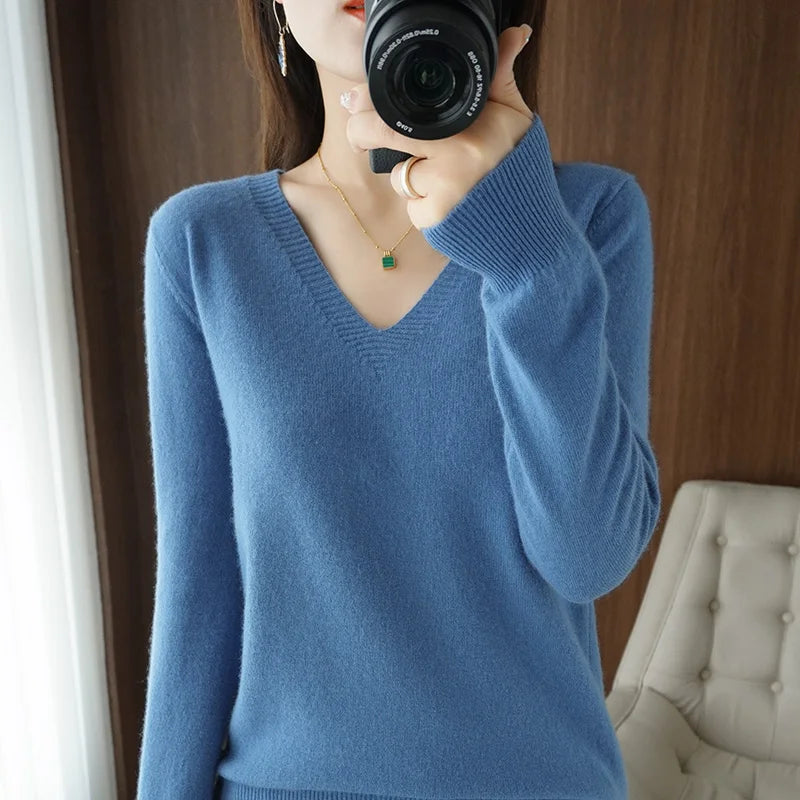 Spring & Autumn Cashmere Sweater for Women | Sexy V-Neck Pullover Top - Dhavinci