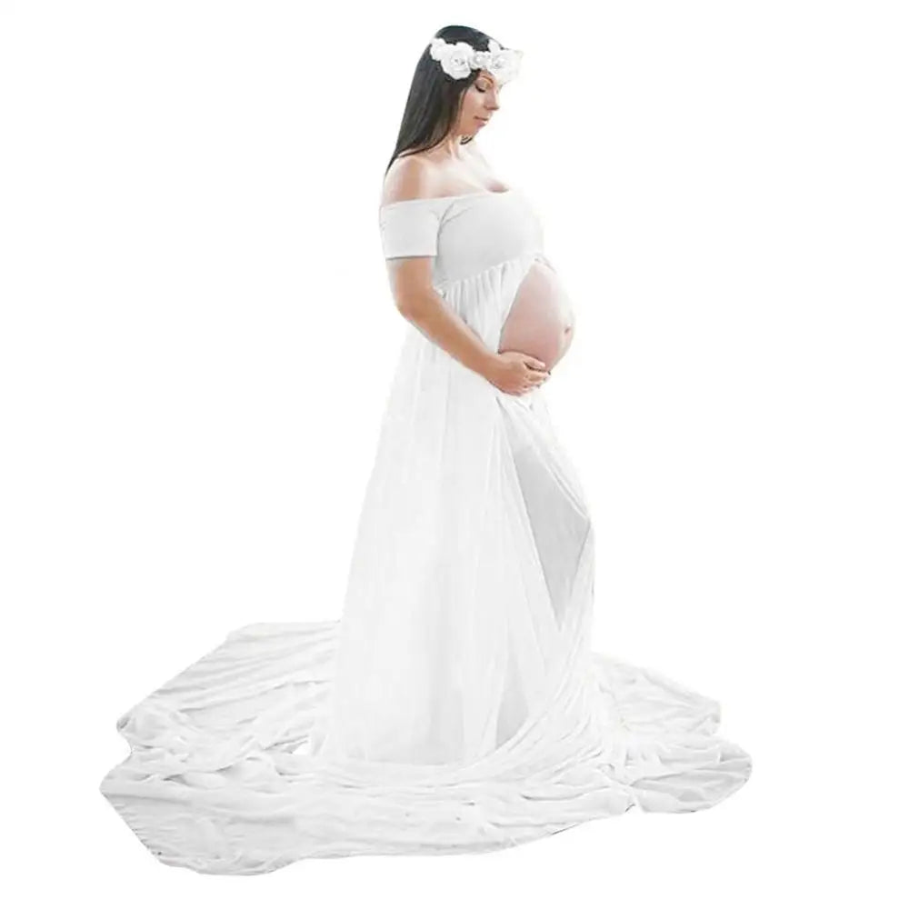 Maternity Floor-Length Chiffon Dress | Off-Shoulder Slit Design - Dhavinci