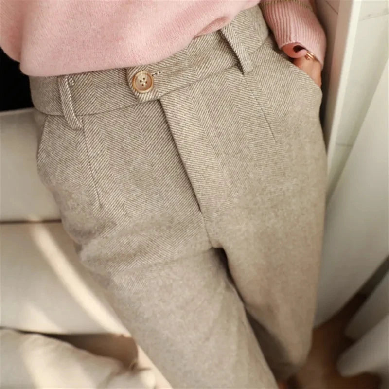 High-Waisted Woolen Harem Pants for Women | Autumn Winter Office Trousers - Dhavinci