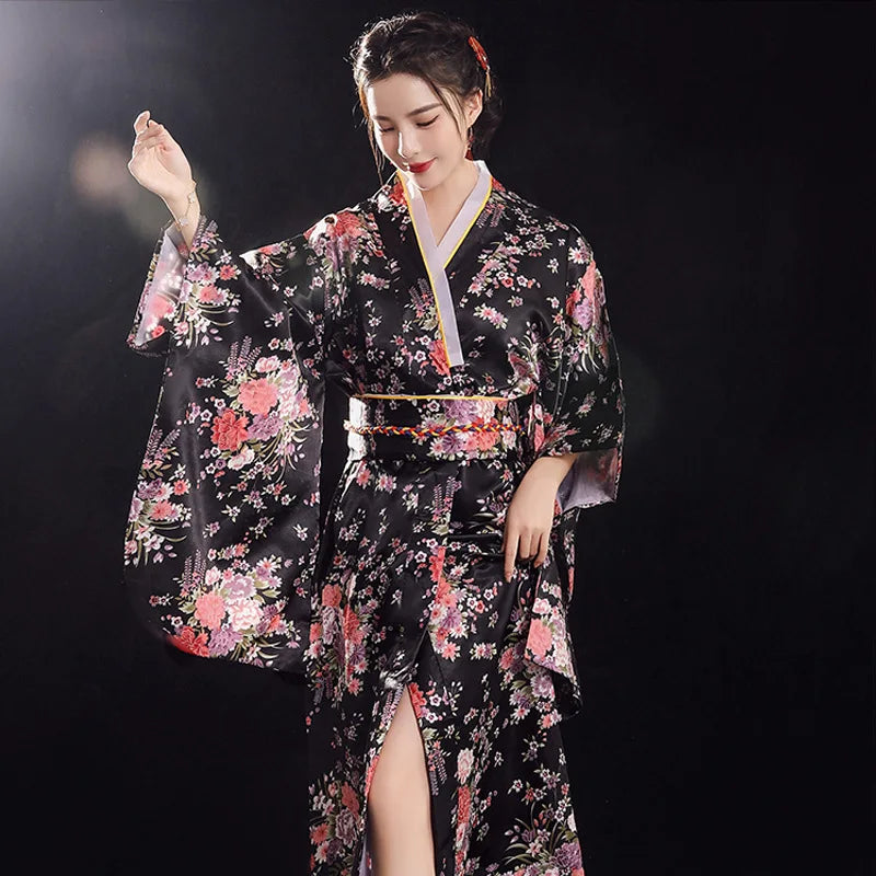 Japanese Traditional Yukata Kimono With Obi Vintage Women Evening Dress Geisha Kimono Vintage Women Stage Show Costume Cosplay - Dhavinci