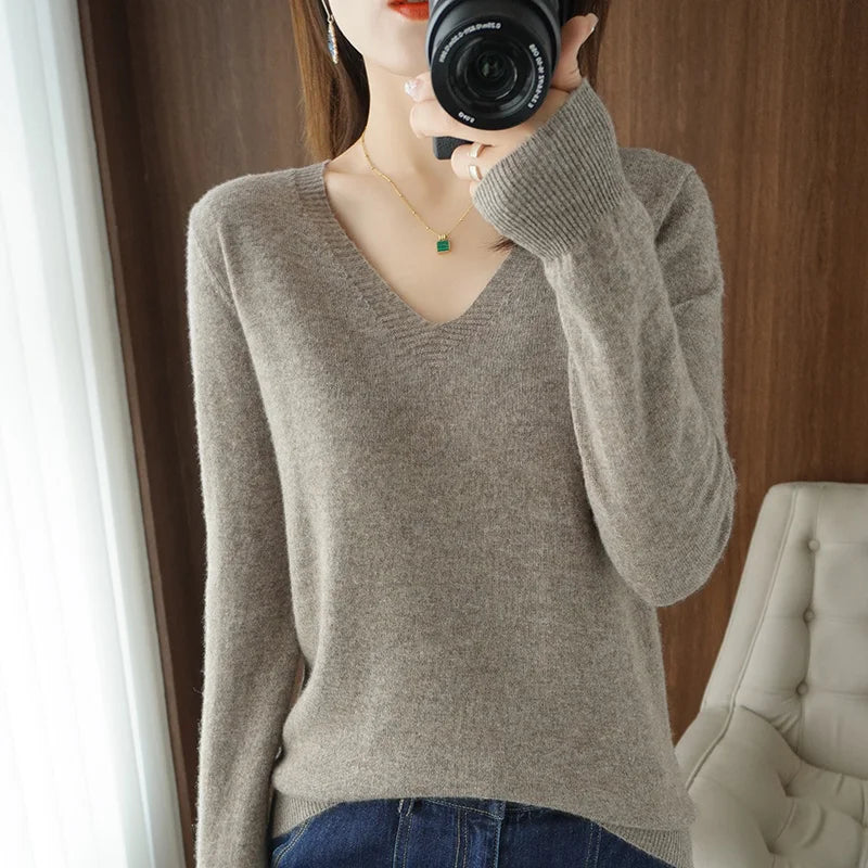 Spring & Autumn Cashmere Sweater for Women | Sexy V-Neck Pullover Top - Dhavinci