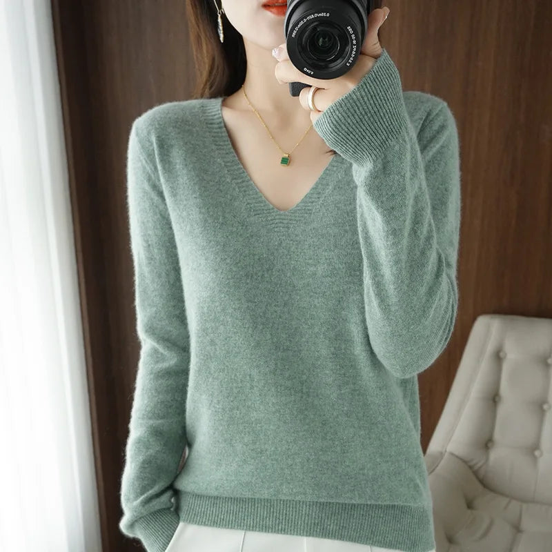 Spring & Autumn Cashmere Sweater for Women | Sexy V-Neck Pullover Top - Dhavinci