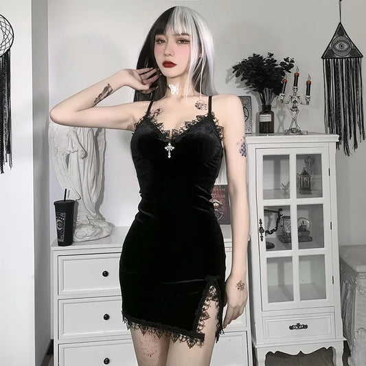 Dark Cross Black Mini Dress Vintage Sexy Spaghetti Strap High Waist Slit Dresses Goth Party Club Women Dress - Dhavinci