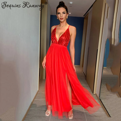 Sexy Backless Sequin Corset Maxi Dress | Red Bodycon Party Dress - Dhavinci