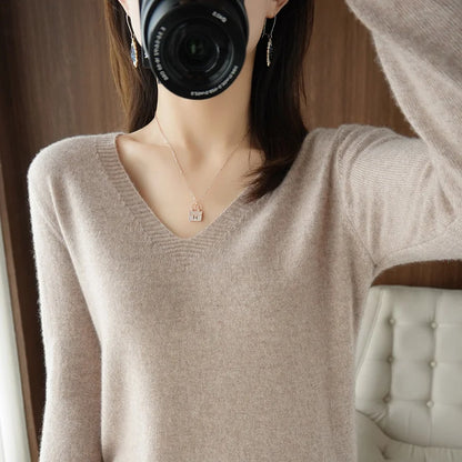 Spring & Autumn Cashmere Sweater for Women | Sexy V-Neck Pullover Top - Dhavinci