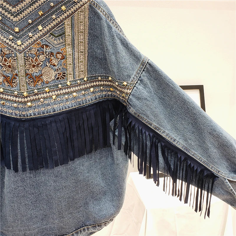 Denim Jacket Korean Floral Embroidery Suede Fringe Loose Chaquetas Mujer Coat Long Sleeve Outerwear Women Veste Femme - Dhavinci