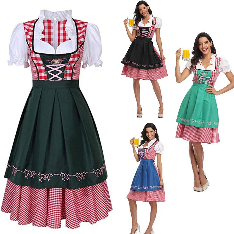 The New Lady Dirndl Oktoberfest Costume Bavarian National Pink Plaid Clubwear Cosplay Carnival Halloween Fancy Party Dress - Dhavinci