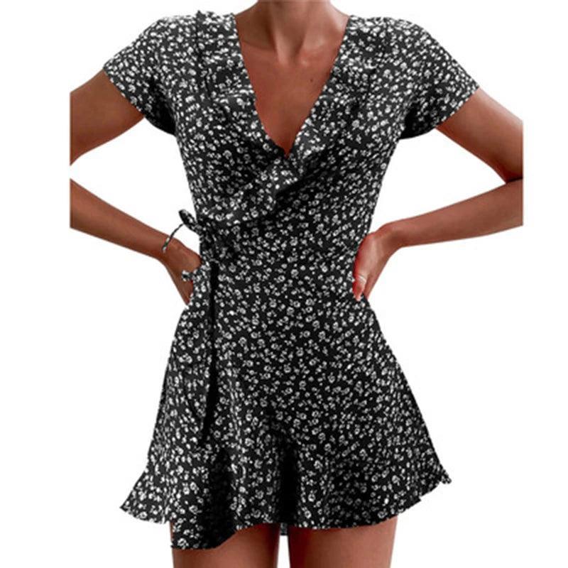 Floral A-Line Mini Dress for Women | Sweet V-Neck Ruffle Bandage Dress - Dhavinci