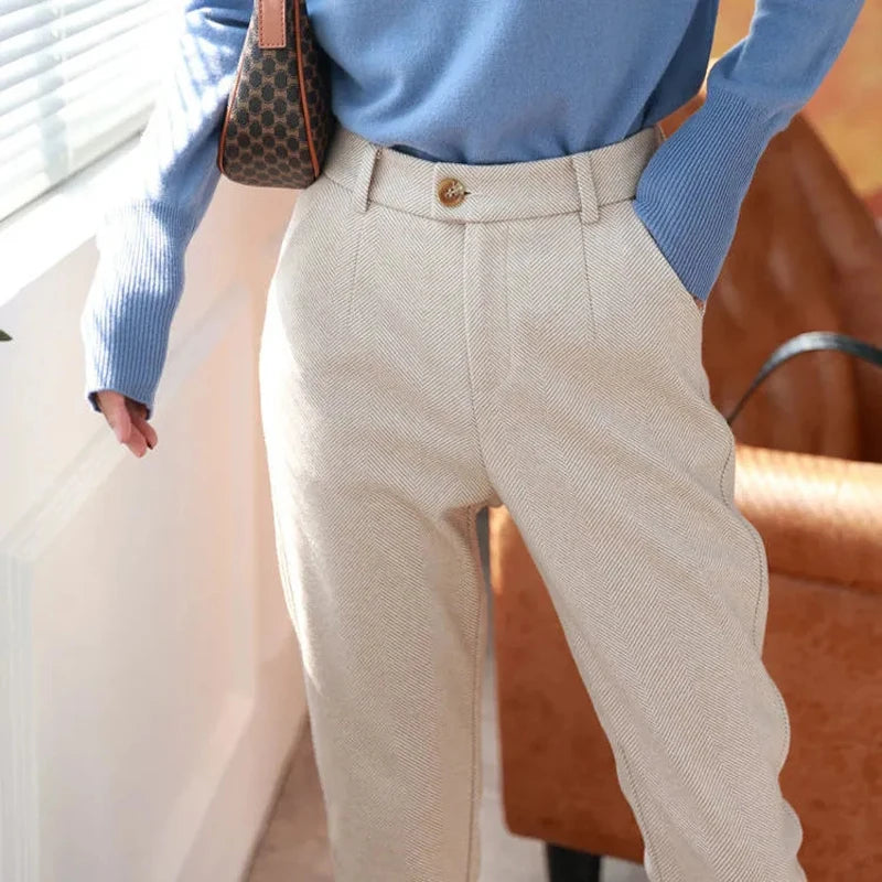 High-Waisted Woolen Harem Pants for Women | Autumn Winter Office Trousers - Dhavinci