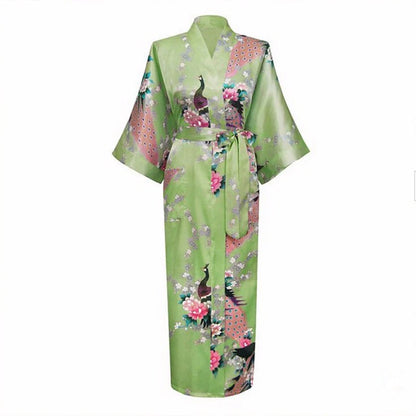 Sexy Bride Bridesmaid Wedding Dressing Woman Japanese Kimono Dress Peacock Print Satin Silk Yukata Bathing Robe Nightgown - Dhavinci