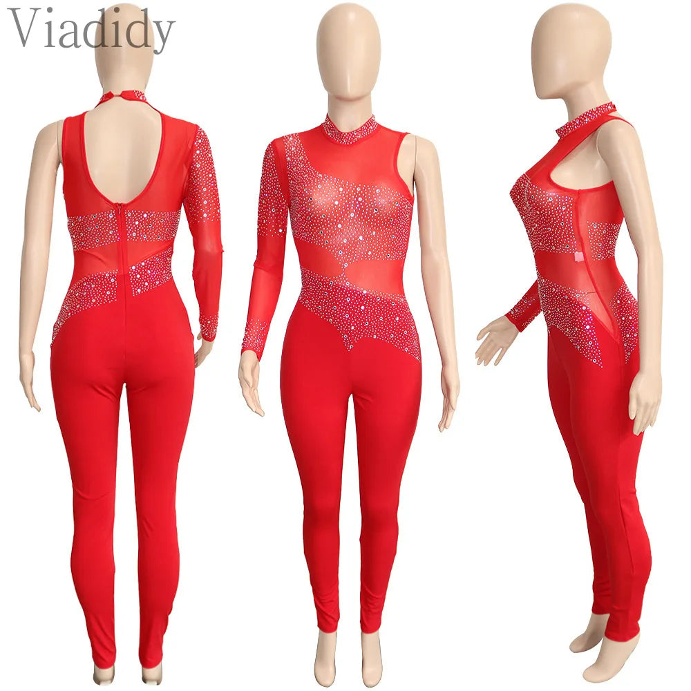 Sexy One Shoulder Rhinestone Mesh Jumpsuit for Women | Skinny Lace - Dhavinci