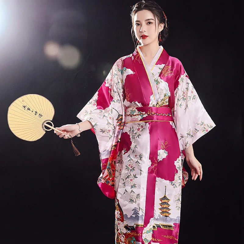 Japanese Traditional Yukata Kimono With Obi Vintage Women Evening Dress Geisha Kimono Vintage Women Stage Show Costume Cosplay - Dhavinci