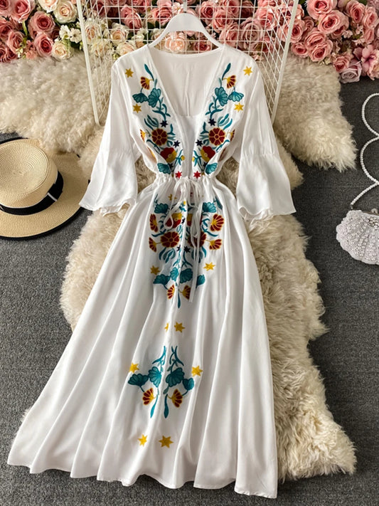 Embroidery Ethnic Style Women Dresses V-Neck Flare Sleeve High Waist Slim Beach Dress Fashion A-Line Big Swing Ladies Dress - Dhavinci