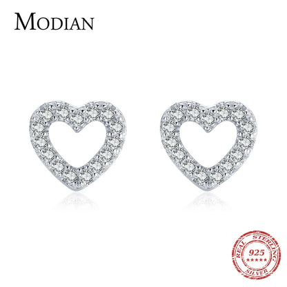 Modian Authentic 925 Sterling Silver Stud Earrings for Women Romantic Heart Earrings Shiny Clear CZ Wedding Engagement Jewelry - Dhavinci