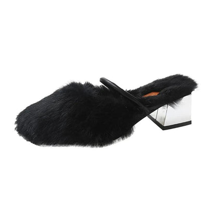 Comfortable Soft Fur Mules Slippers for Women | High Heel Faux Fur Slides - Dhavinci