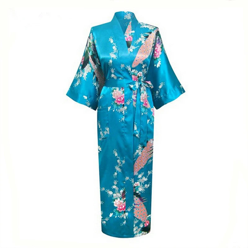 Sexy Bride Bridesmaid Wedding Dressing Woman Japanese Kimono Dress Peacock Print Satin Silk Yukata Bathing Robe Nightgown - Dhavinci