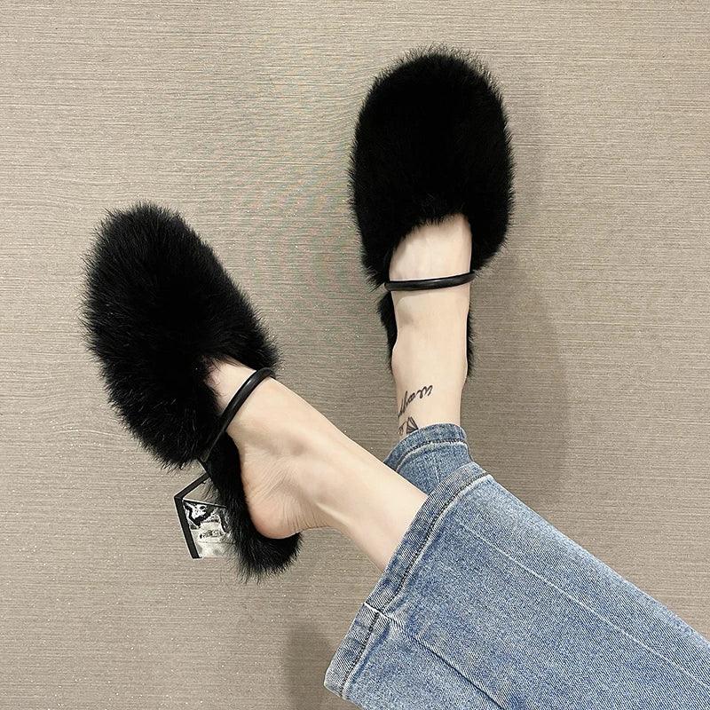 Comfortable Soft Fur Mules Slippers for Women | High Heel Faux Fur Slides - Dhavinci