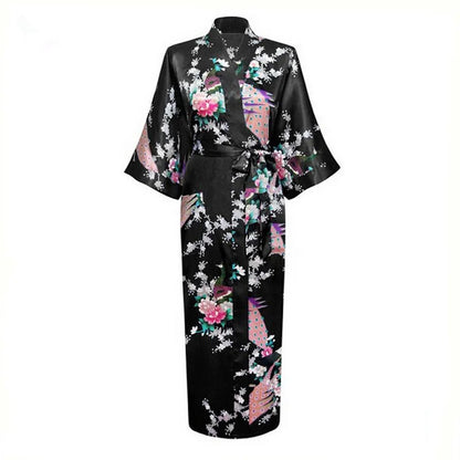 Sexy Bride Bridesmaid Wedding Dressing Woman Japanese Kimono Dress Peacock Print Satin Silk Yukata Bathing Robe Nightgown - Dhavinci