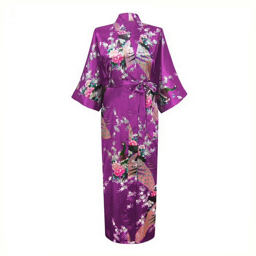 Sexy Bride Bridesmaid Wedding Dressing Woman Japanese Kimono Dress Peacock Print Satin Silk Yukata Bathing Robe Nightgown - Dhavinci