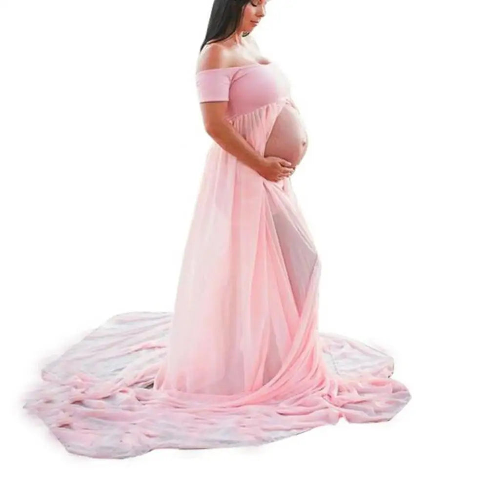 Maternity Floor-Length Chiffon Dress | Off-Shoulder Slit Design - Dhavinci