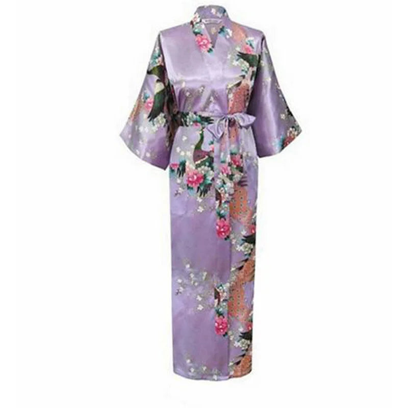 Sexy Bride Bridesmaid Wedding Dressing Woman Japanese Kimono Dress Peacock Print Satin Silk Yukata Bathing Robe Nightgown - Dhavinci