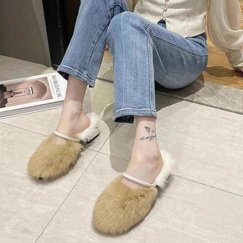 Comfortable Soft Fur Mules Slippers for Women | High Heel Faux Fur Slides - Dhavinci