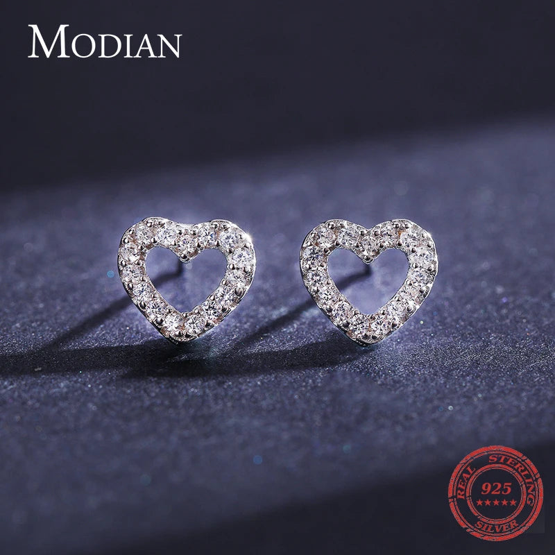 Modian Authentic 925 Sterling Silver Stud Earrings for Women Romantic Heart Earrings Shiny Clear CZ Wedding Engagement Jewelry - Dhavinci