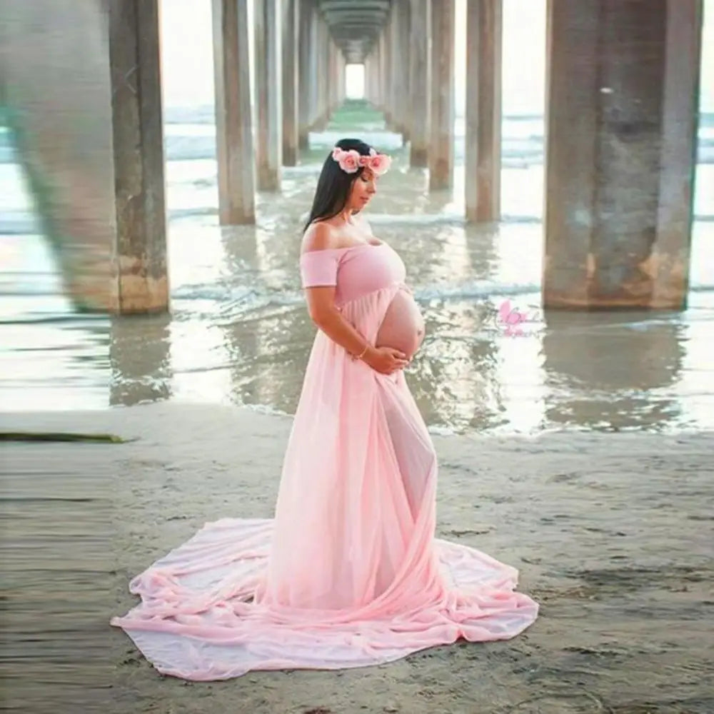 Maternity Floor-Length Chiffon Dress | Off-Shoulder Slit Design - Dhavinci