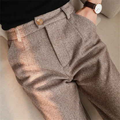 High-Waisted Woolen Harem Pants for Women | Autumn Winter Office Trousers - Dhavinci