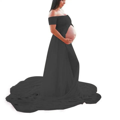 Maternity Floor-Length Chiffon Dress | Off-Shoulder Slit Design - Dhavinci