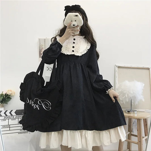 Japanese Style Autumn Women'S Dresses High Waist Slimming Contrast-Color Ruffled Sweet Lolita Dress Princess Kawaii Clothing - Dhavinci