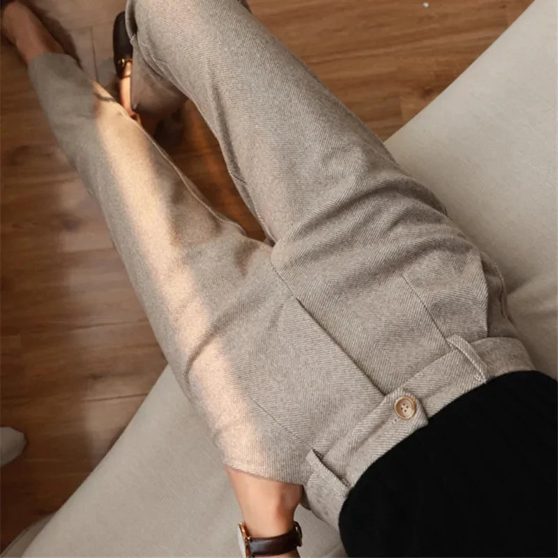 High-Waisted Woolen Harem Pants for Women | Autumn Winter Office Trousers - Dhavinci