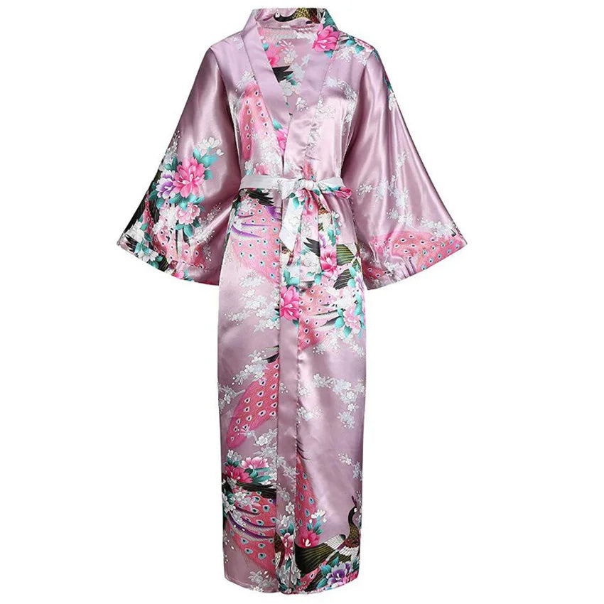 Sexy Bride Bridesmaid Wedding Dressing Woman Japanese Kimono Dress Peacock Print Satin Silk Yukata Bathing Robe Nightgown - Dhavinci