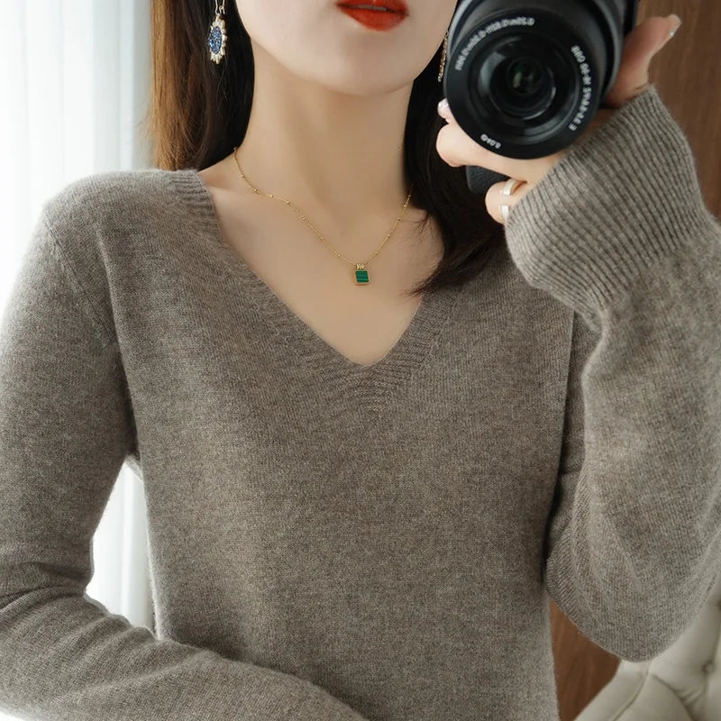 Spring & Autumn Cashmere Sweater for Women | Sexy V-Neck Pullover Top - Dhavinci