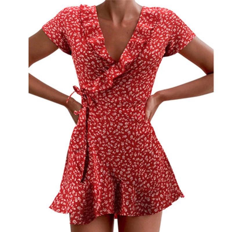 Floral A-Line Mini Dress for Women | Sweet V-Neck Ruffle Bandage Dress - Dhavinci