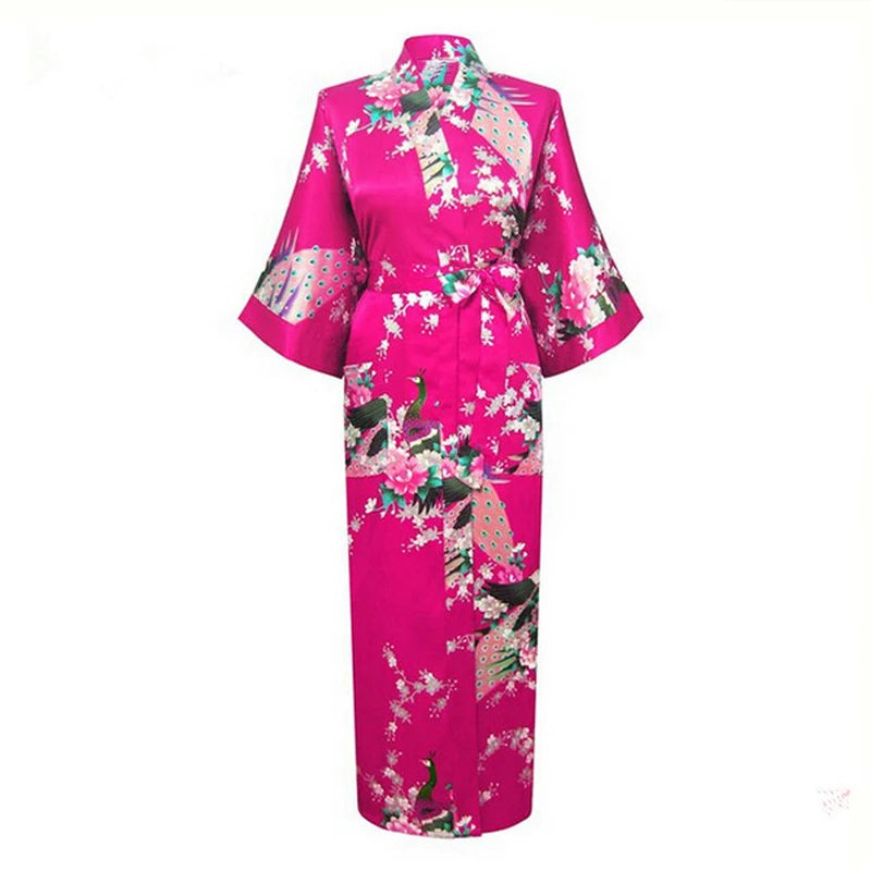 Sexy Bride Bridesmaid Wedding Dressing Woman Japanese Kimono Dress Peacock Print Satin Silk Yukata Bathing Robe Nightgown - Dhavinci