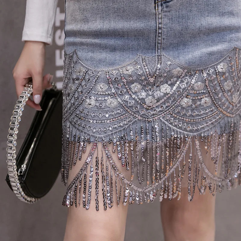 Sequins Patchwork Embroidery Jeans Skirt Women Elegant Fashion High Waist Sequin Fringe Skirt Office Lady Work Mini Denim Skirts - Dhavinci