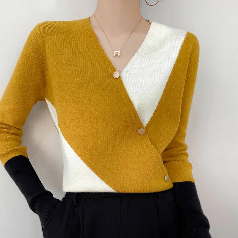 Women's Colorblock Cashmere Sweater | Casual Knitwear Pullover - Dhavinci