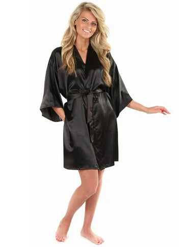 New Black Chinese Women's Faux Silk Robe Bath Gown Hot Sale Kimono Yukata Bathrobe Solid Color Sleepwear S M L XL XXL NB032 - Dhavinci