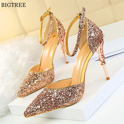 Bling Buckle Sandals | Gold Sequined High Heels for Women - Dhavinci