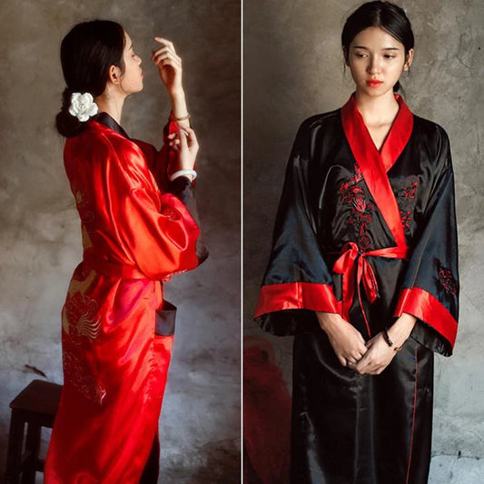 Novelty Reversible Black Red Women Kimono Yukata Satin Embroidery Dragon Nightgown One Size Robe Gown Two Side Sleepwear - Dhavinci