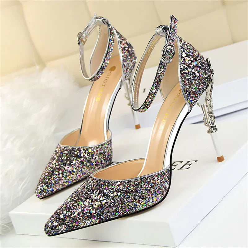 Bling Buckle Sandals | Gold Sequined High Heels for Women - Dhavinci